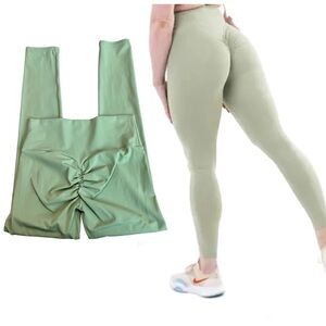 GREEN puckered scrunch bum leggings fitness yoga running athletic workout Sz S